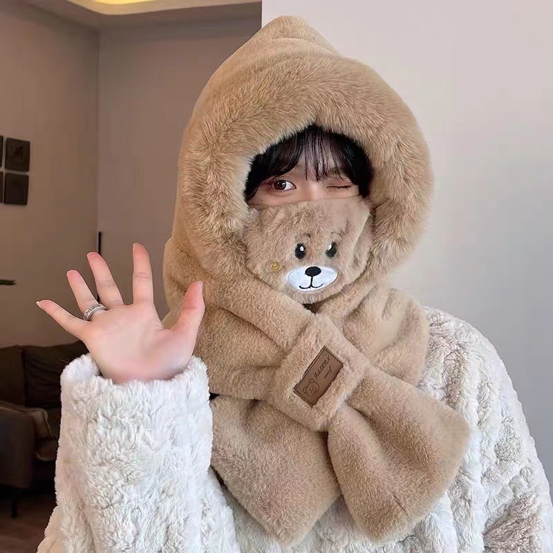 毛绒帽子女冬天可爱带小熊口罩围巾一体帽户外防寒保暖防风滑雪帽