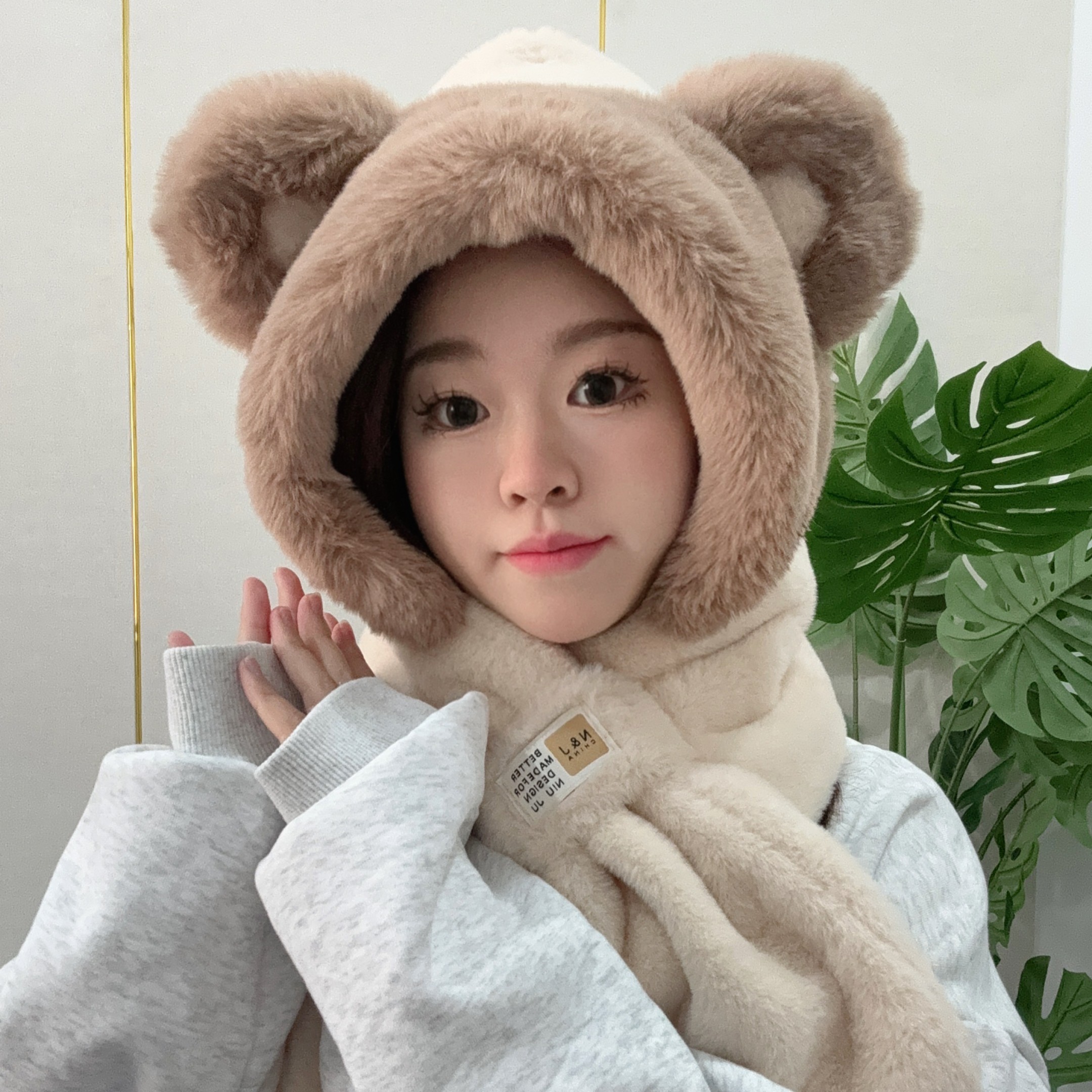 【新年穿搭】升级款可爱小熊帽子围巾一体加厚加绒防风冬防寒保暖帽