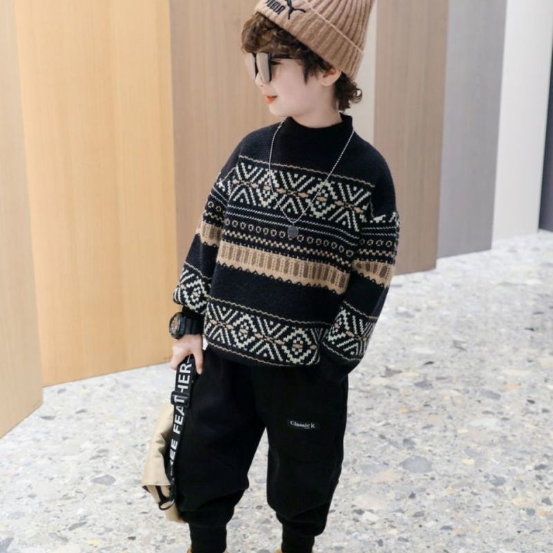 男童格纹针织加厚毛衣2023秋冬新款洋气中小童韩版百搭保暖潮套头