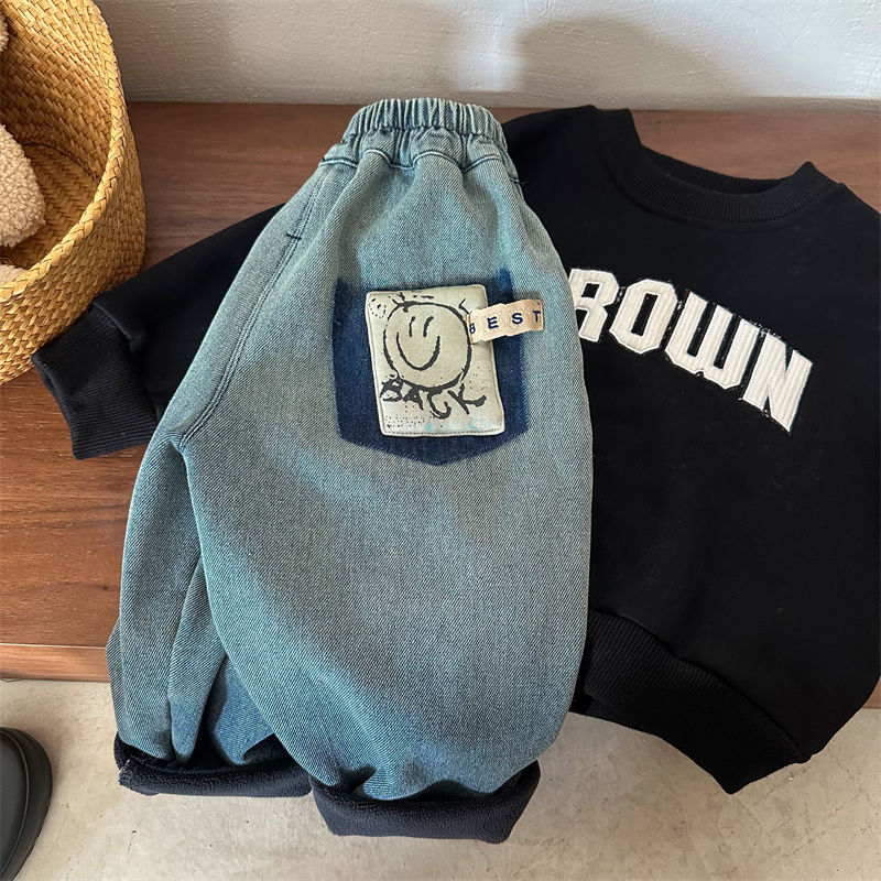 百搭儿童牛仔裤2023新款冬男女童卡通笑脸加绒哈伦裤宝宝加厚长裤