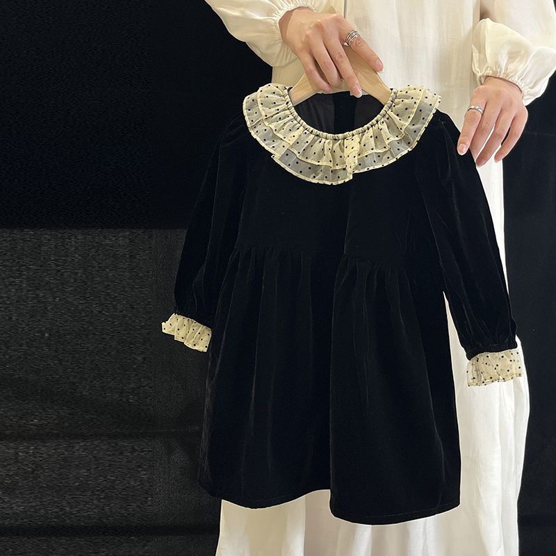 2023秋冬新款女童丝绒连衣裙小女孩洋气波点花边领长袖公主裙