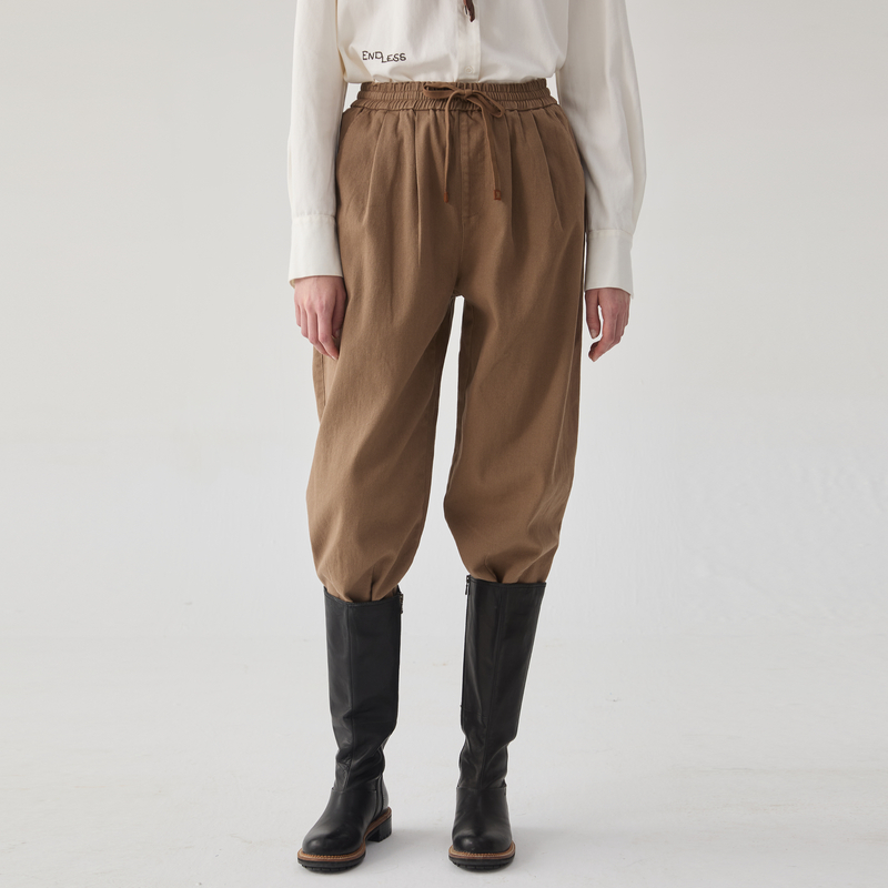 谜底休闲裤女士冬季新品百搭松紧腰宽松棉弹九分裤244MK1583