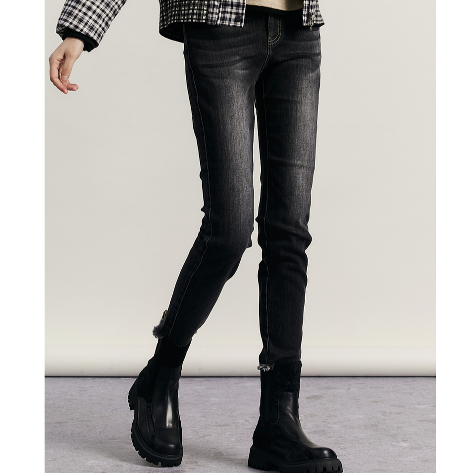 谜底磨毛保暖牛仔裤女冬款复古百搭紧身铅笔九分裤234MK1596