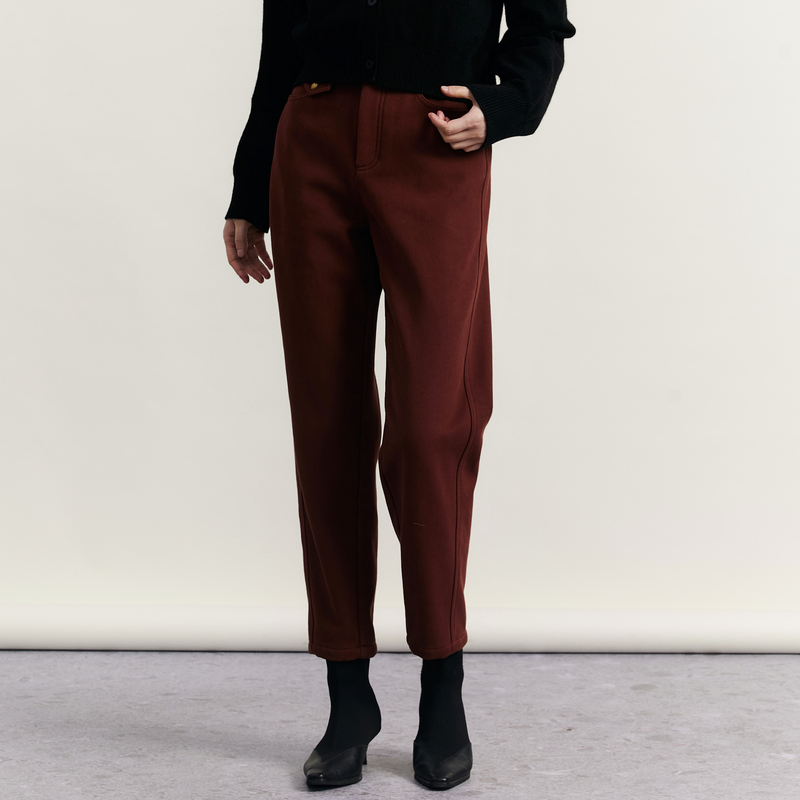 谜底磨毛休闲裤女冬款简约时尚高腰百搭直筒九分裤234MK1501