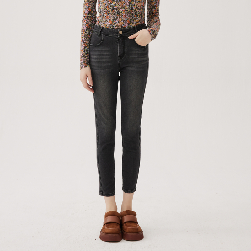 谜底修身牛仔裤女秋新品百搭高腰小脚九分裤铅笔裤243MK1139