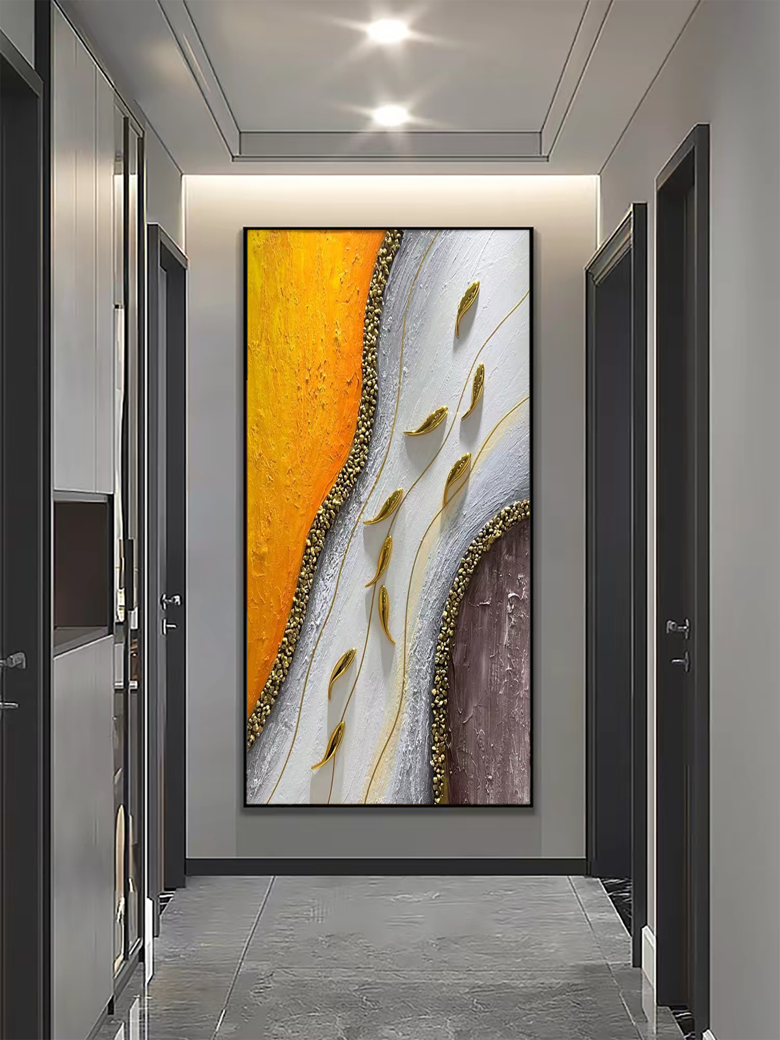 九鱼图-玄关手绘肌理油画现代简约新中式过道优雅实木手绘画竖版