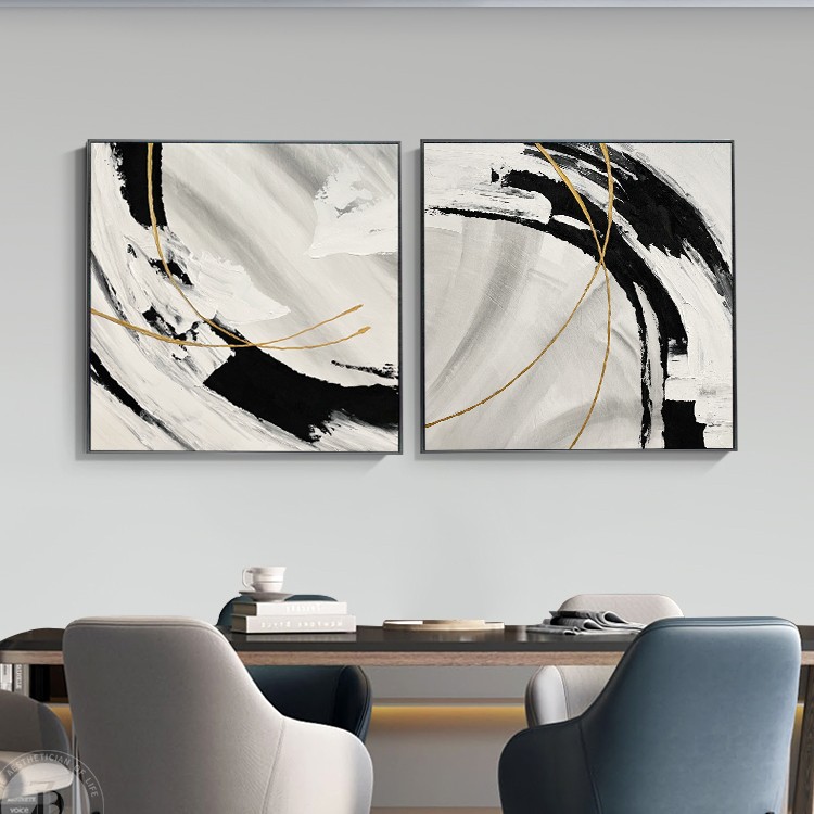 黑白抽象画手绘油画两联客厅装饰挂画