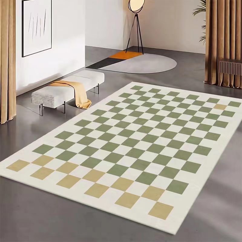 禾慕水晶绒防滑床边地毯地垫   棕绿棋盘格