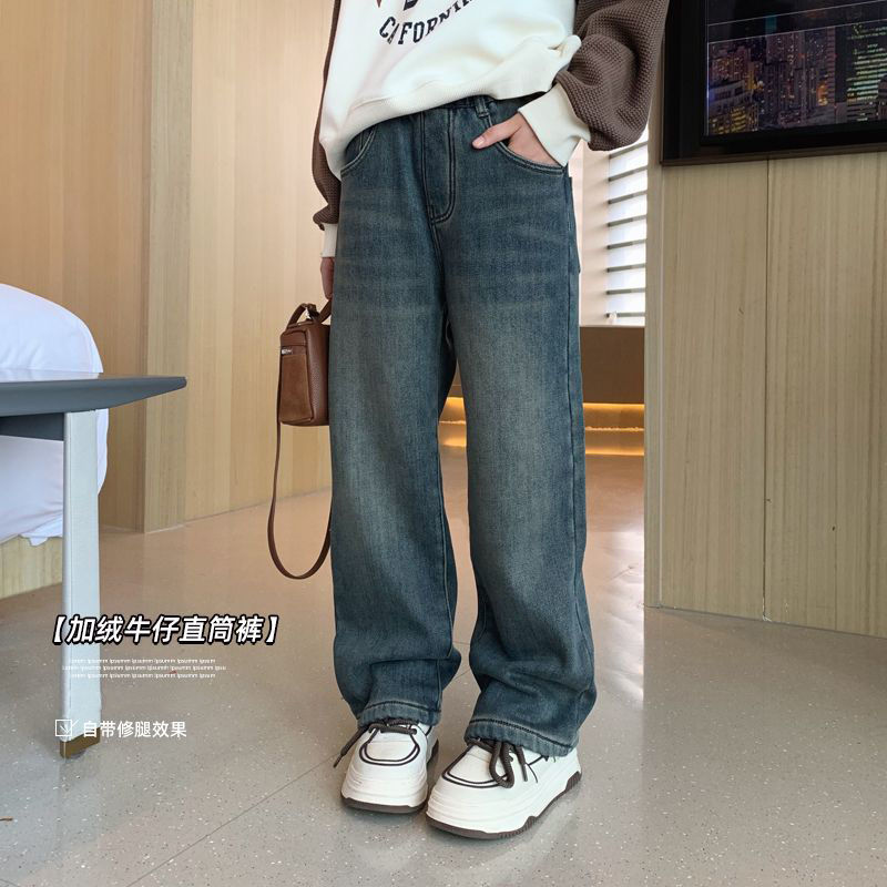 Xng女童加绒复古牛仔裤冬装一体绒保暖直筒裤春秋款中大童百搭阔