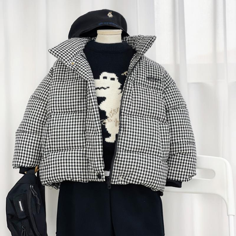 Xng2023男童冬装新款加厚棉衣复古格纹外套男孩保暖加厚棉服潮上