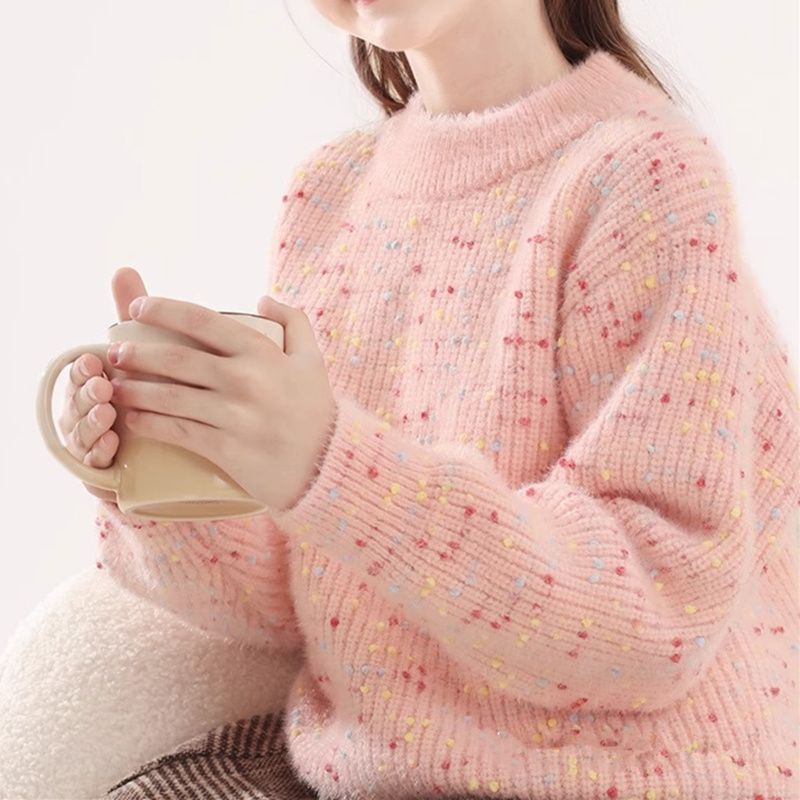 儿童套头针织衫毛衣毛绒粉色冬季韩版加厚秋冬中大童女童上衣洋气