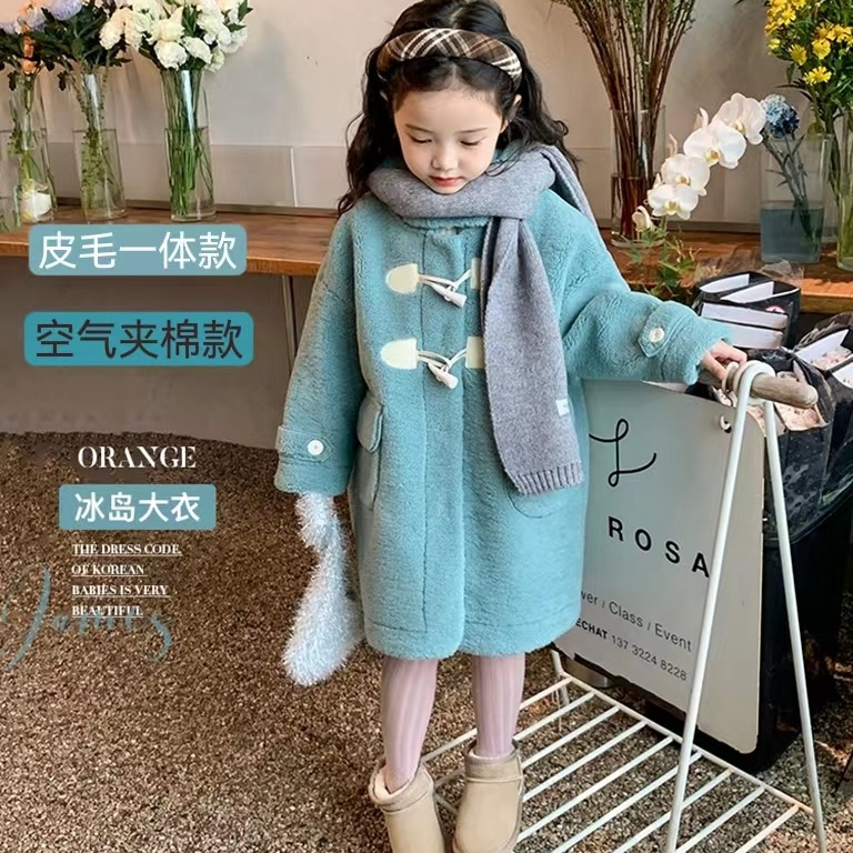 女童冬季新款加厚毛呢外套儿童过膝双面皮毛一体大衣中长款毛毛衣