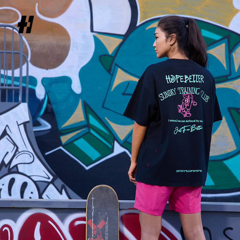HOPEBETTER   小H系列滑板主题短袖T恤不规则破洞做旧成人/儿童款