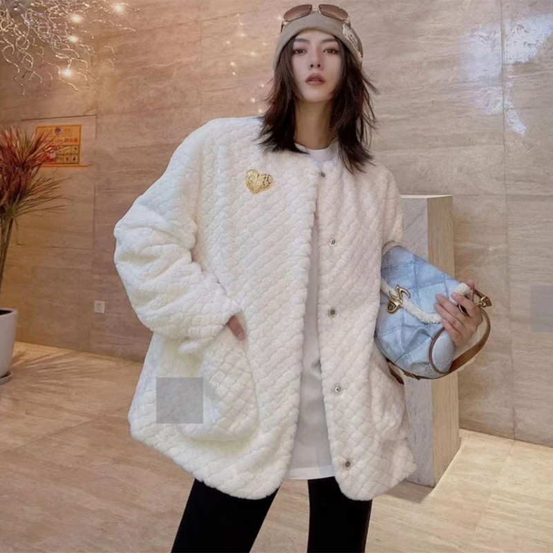 【商场同款】2024秋冬季新款百搭高级感气质宽松圆领环保毛绒外套女