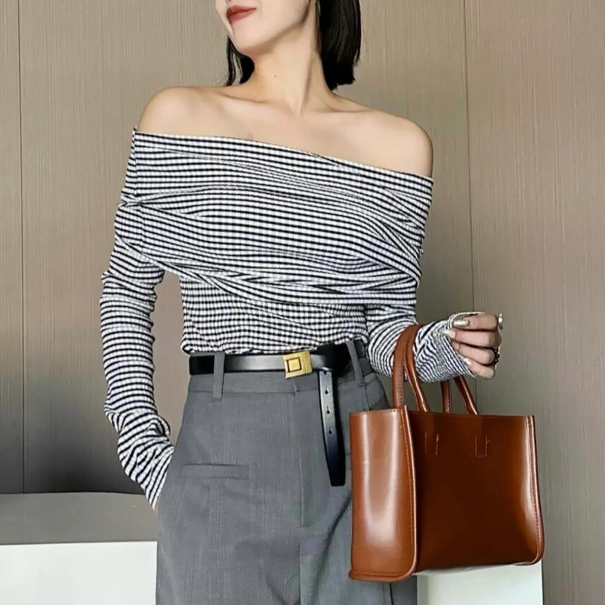 【商场同款】正品新款秋季条纹一字肩气质时尚百搭长袖经典上衣