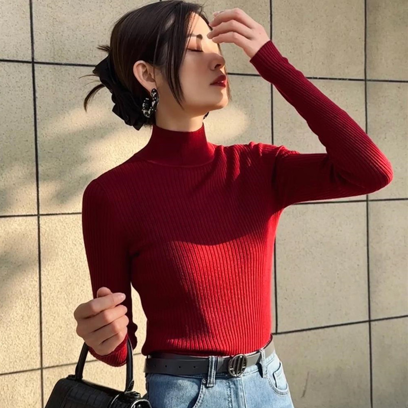 【正品】冬季烟管半高领长袖绵羊毛打底针织衫修身女毛衣5399640