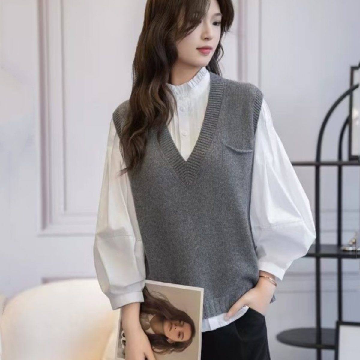 【商场同款】2024秋季新款V领套头百搭宽松口袋无袖马甲针织背心女