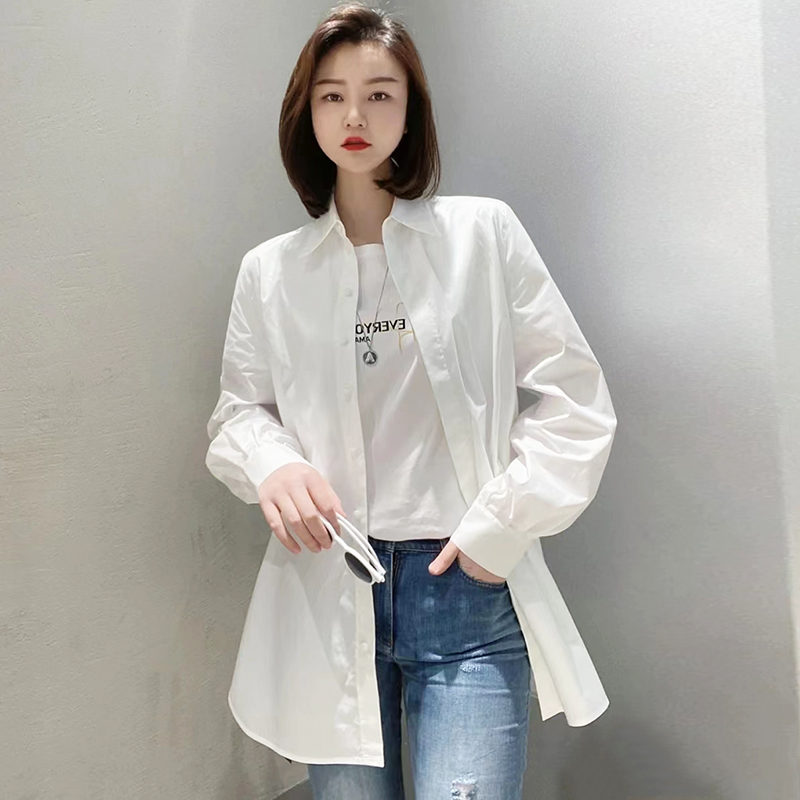 【商场同款】2024春秋女新款中长款大白衬衣男友风宽松时尚长袖衬衫