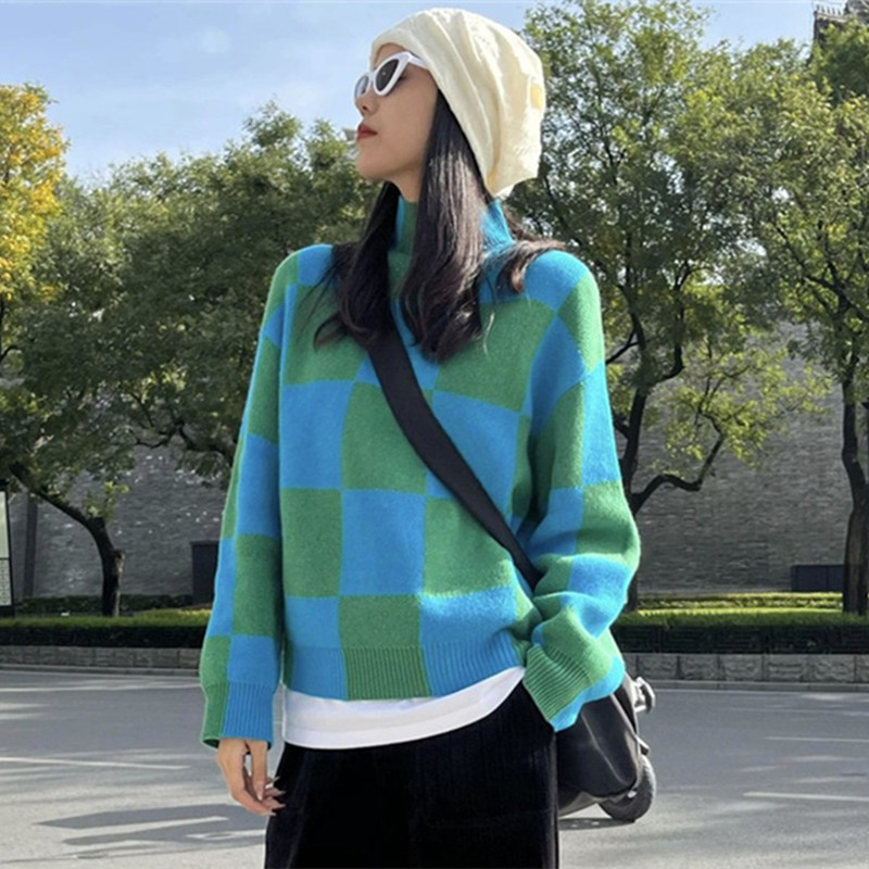 【商场同款】女装2024秋冬季新款半高领棋盘格宽松绵羊毛针织衫毛衣