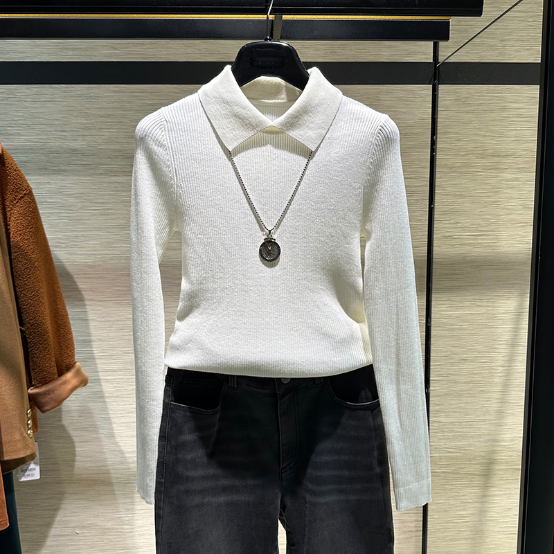 【专柜正品】翻领竖坑条羊毛针织打底衫毛衣女内搭A301124