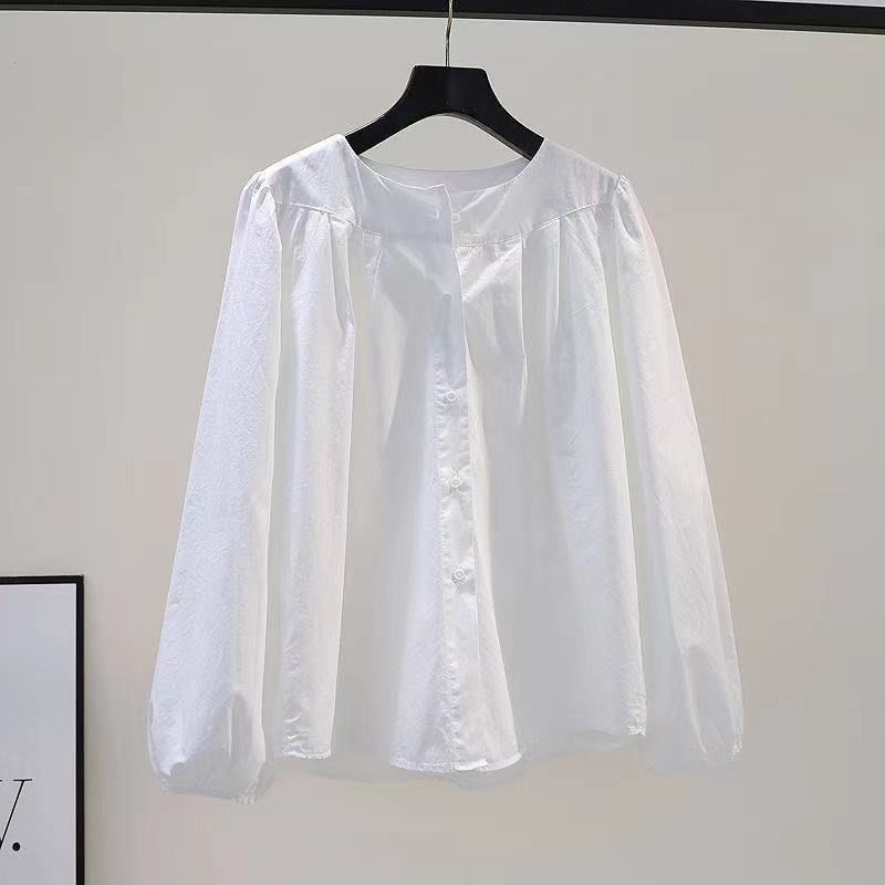 设计洋气感圆领白色灯笼袖衬衫女卡其色褶皱棉衬衣2023秋装范上衣