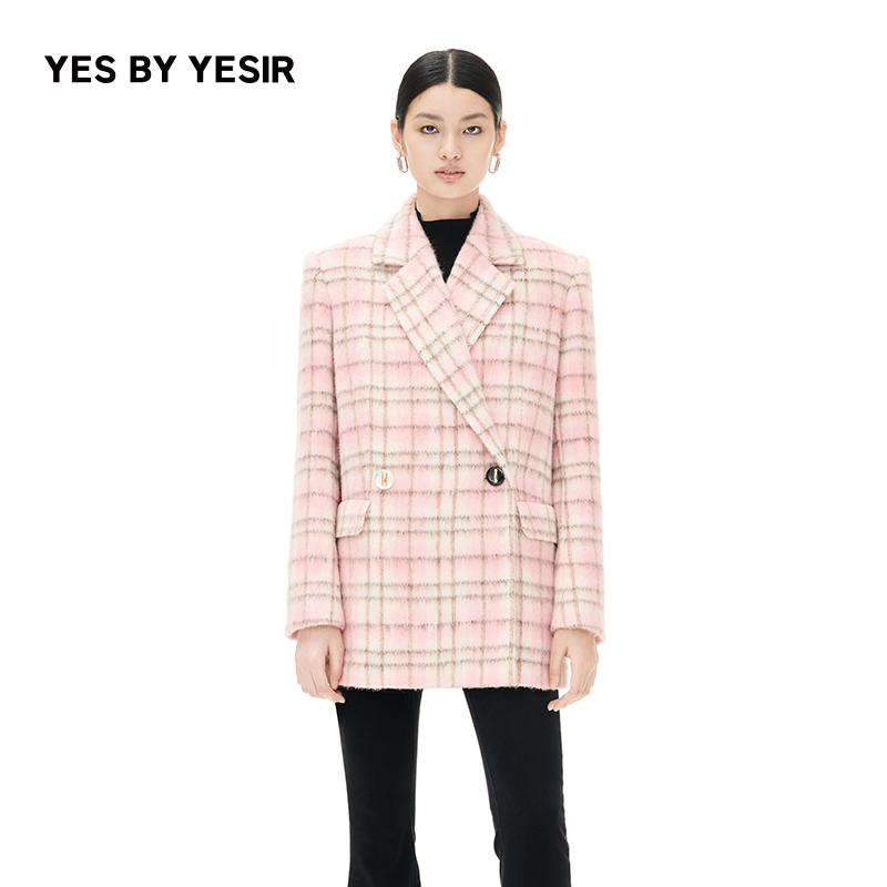 YES BY YESIR叶谦设计师品牌粉色格格羊毛短大衣23FLC18005