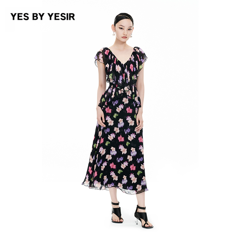 【晨粉专享价】YES BY YESIR叶谦原创设计新女甜南法花卉长款连衣裙
