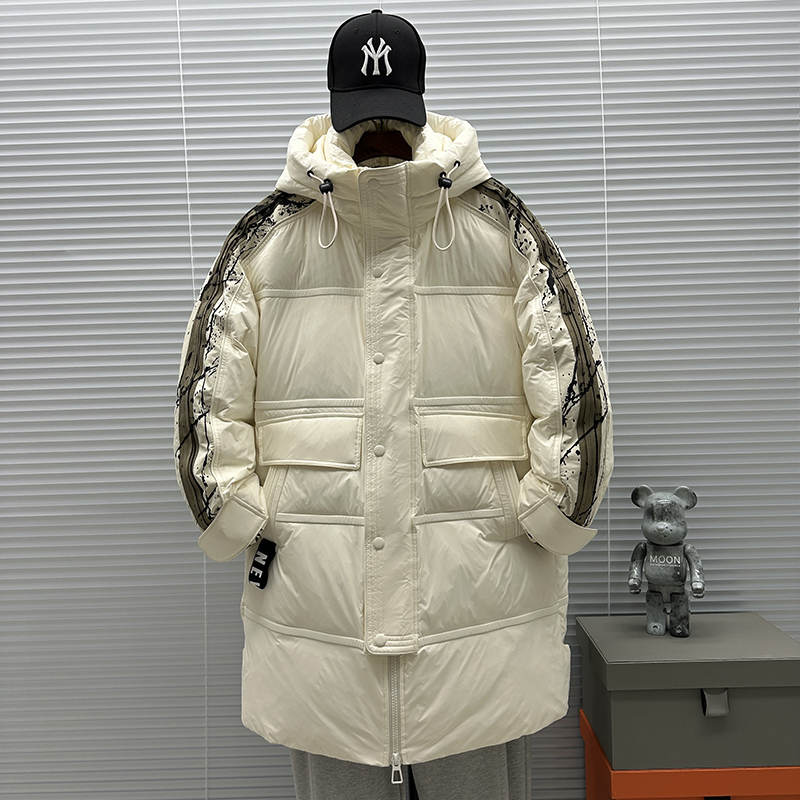 潮牌手臂泼墨设计感中长款羽绒服男冬季加厚工装连帽鸭绒保暖外套