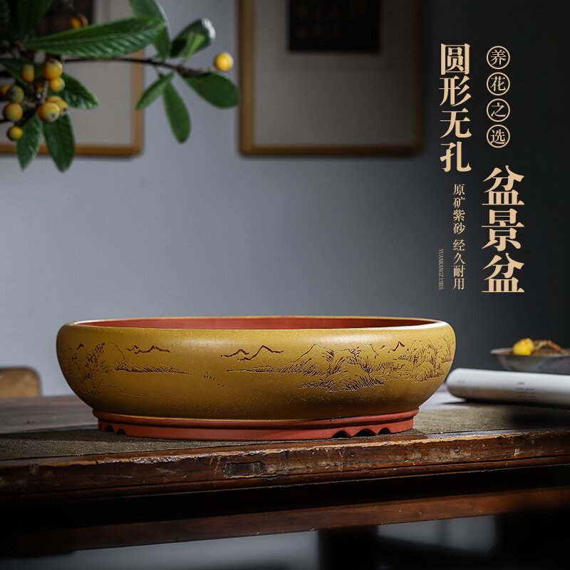 特大号无孔紫砂铜钱草水培花盆圆盆碗莲一叶莲塔竹上水石专用花盆