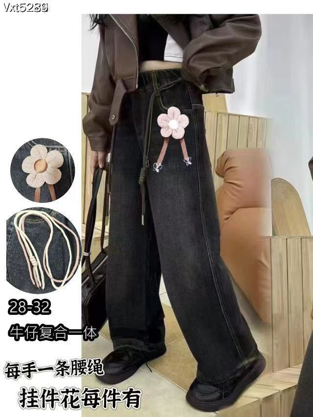 409女童加绒牛仔裤大童牛仔裤直筒百搭宽松秋冬学院风少女牛仔裤