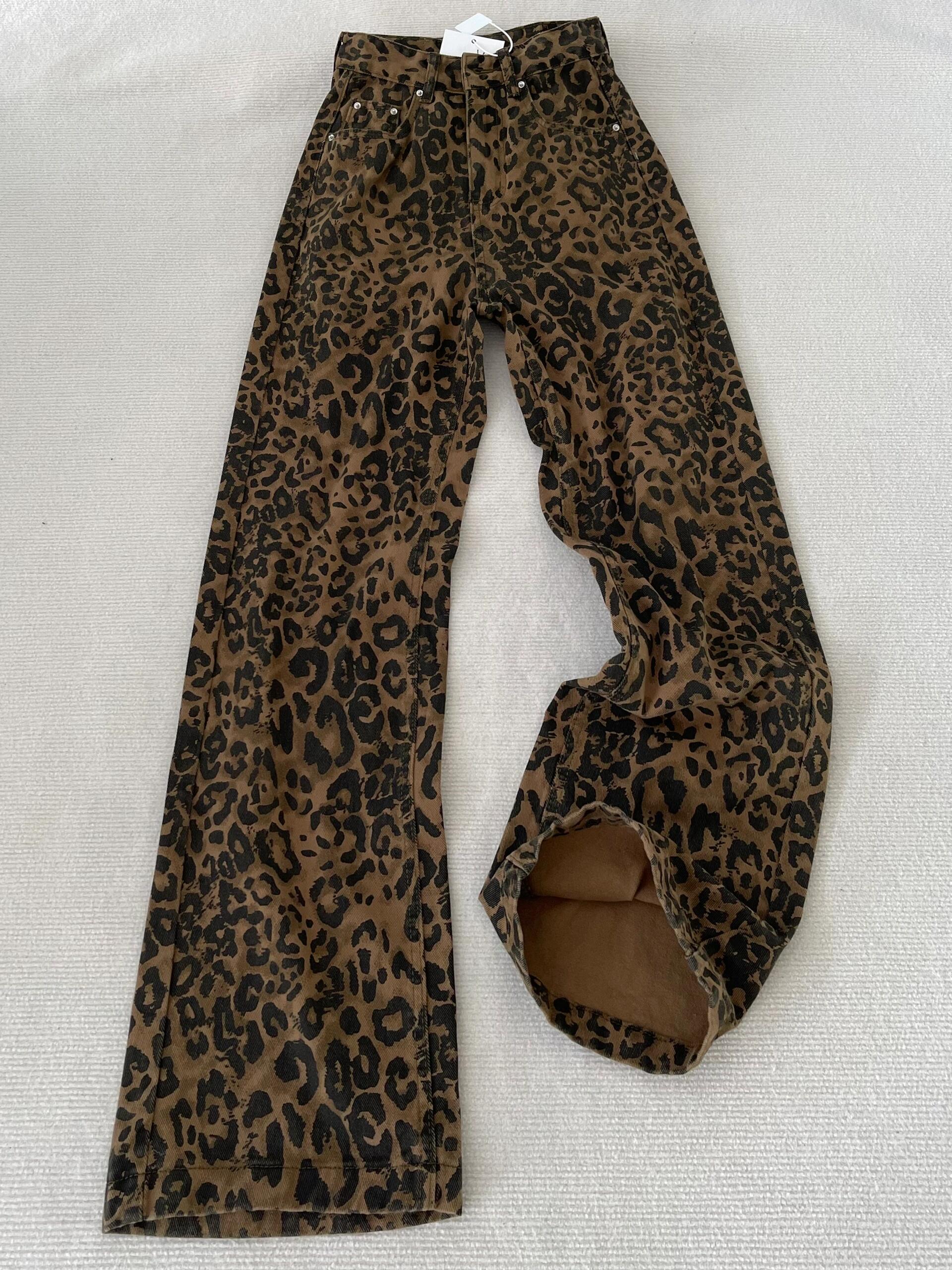 秋季爆款高个子豹纹高腰阔腿牛仔裤宽松百搭美式复古拖地休闲长裤