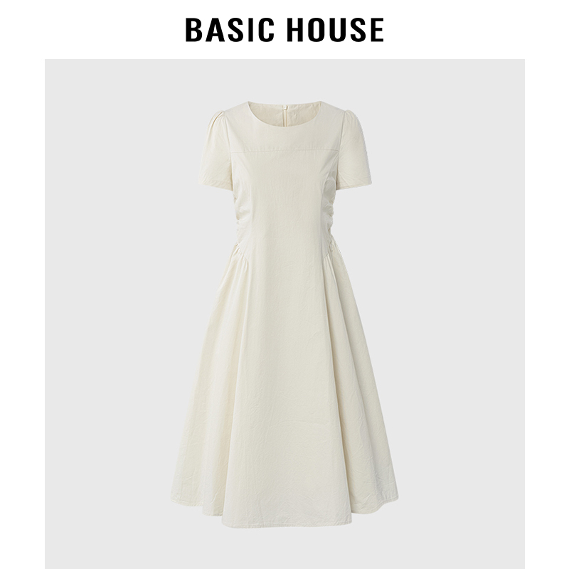 百家好/BasicHouse2024法式高级感圆领拼接褶皱高腰a字短袖连衣裙