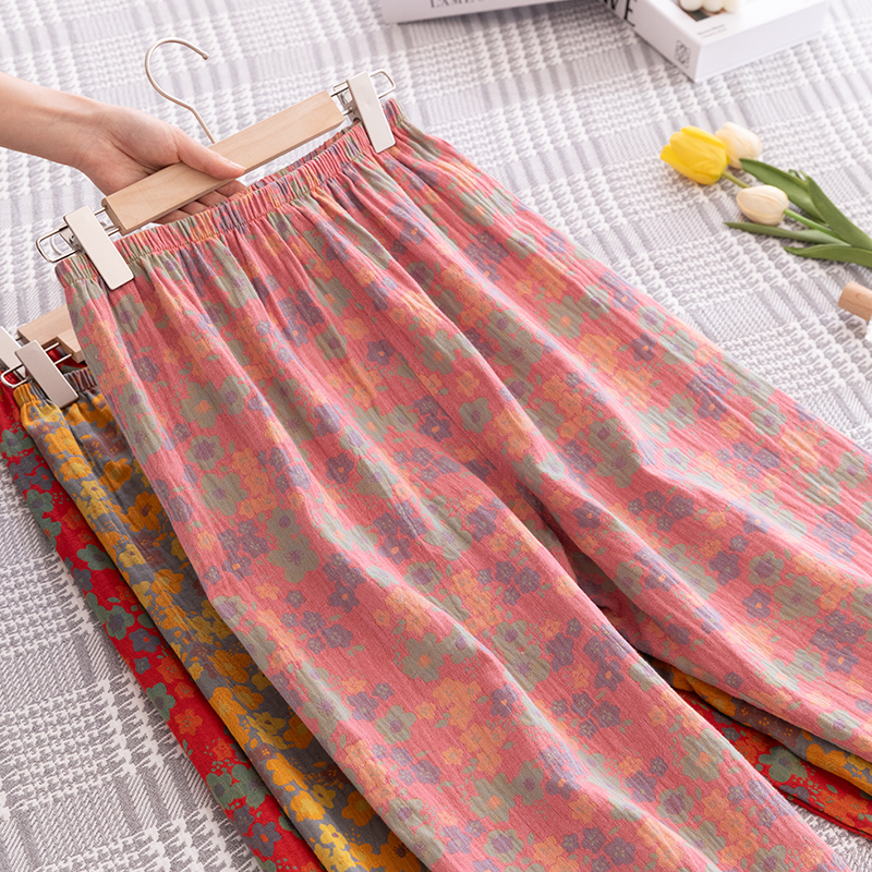 纯棉双层纱睡裤女士民族风复古夏季薄款宽松碎花可外穿阔腿家居裤