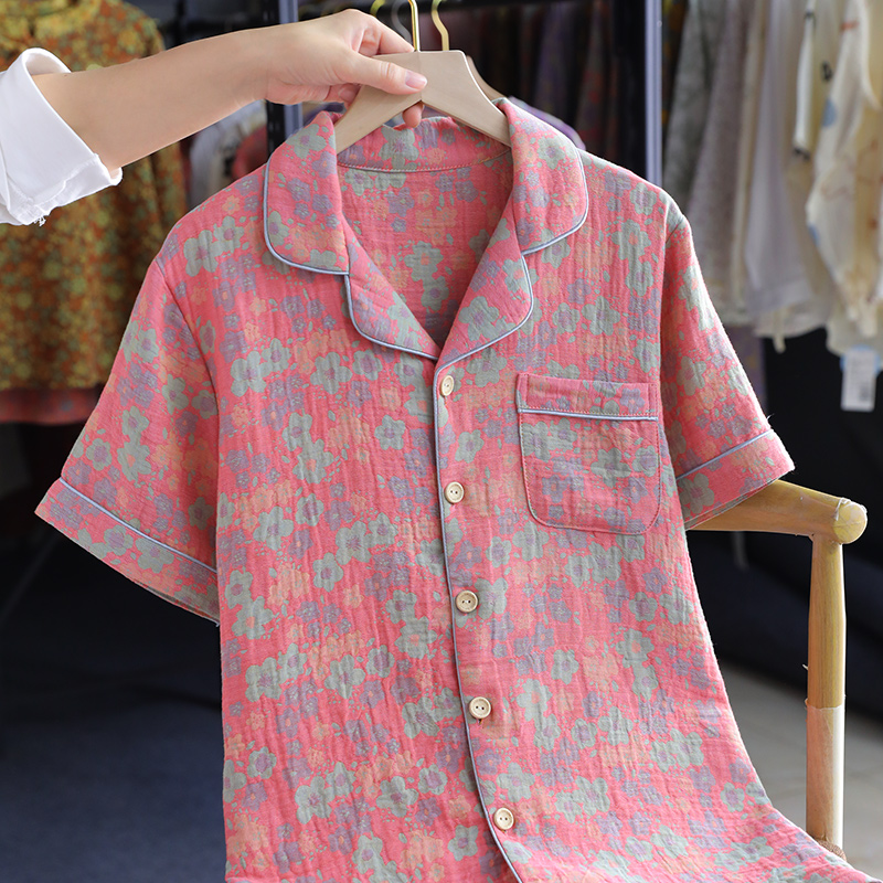新中式国风盘扣女睡衣 纯棉色织双层棉纱短袖夏季家居服宽松上装