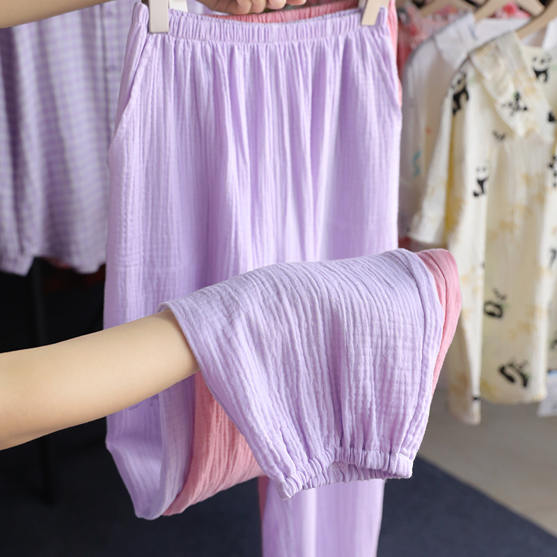 日系纯棉纱布睡裤女长裤春秋夏季纯色外穿居家裤全棉睡衣裤家居裤