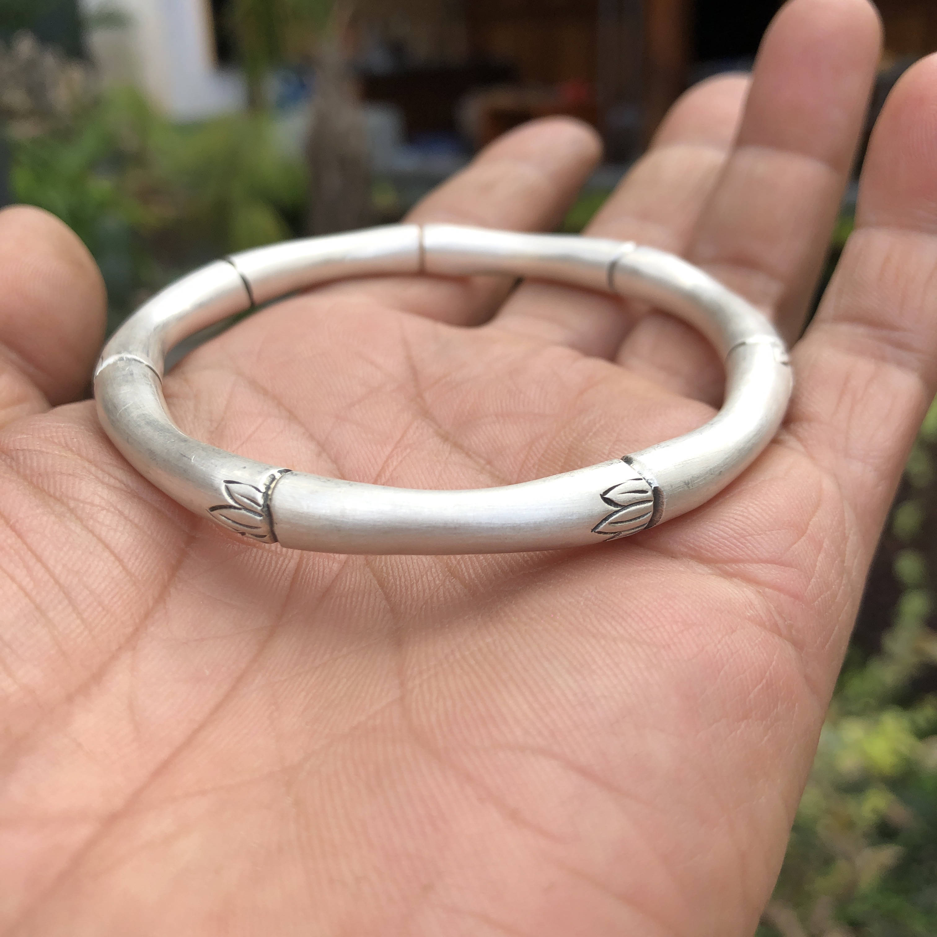 足银手镯 足银999竹节手工雕刻开口做旧复古光面纯银手镯亮面镯子