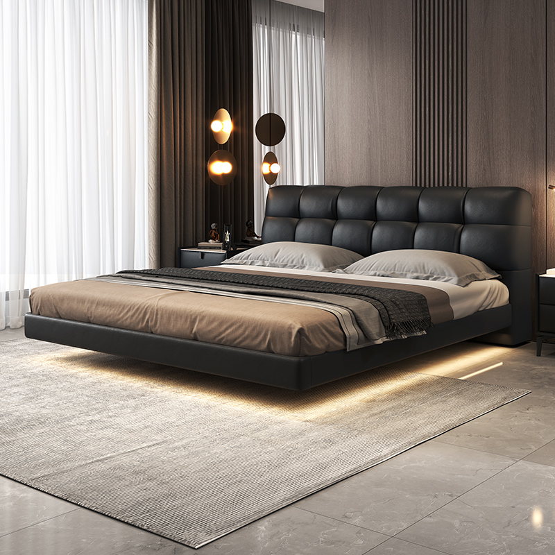 泡芙悬浮床意式极简主卧高端大气1.8米现代简约双人软包真皮大床