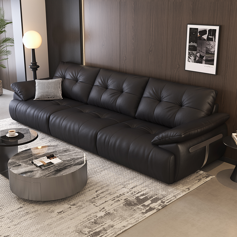 黑色面包云朵真皮沙发客厅大小户型轻奢简约直排皮艺沙发头层牛皮