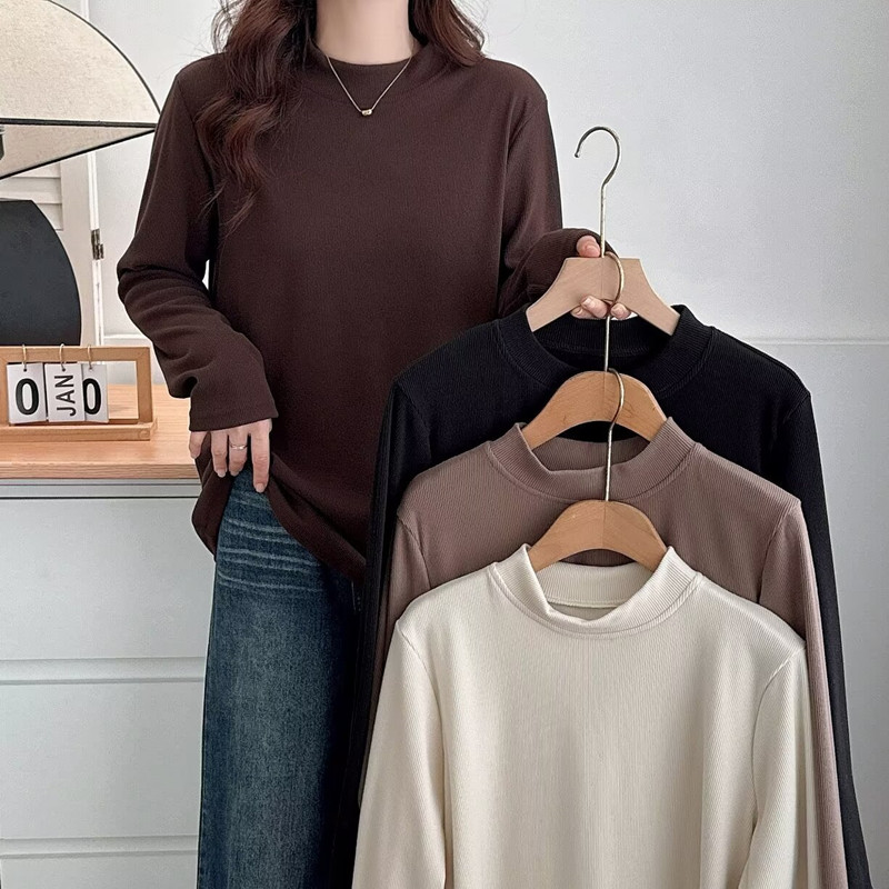 胖mm大码女装宽松显瘦半高领打底衫休闲秋冬季百搭慕斯绒上衣T恤