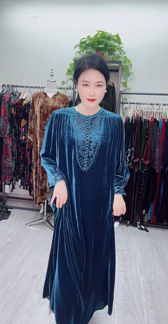 中老年桑蚕丝9796蓝色连衣裙大码高端女装时尚