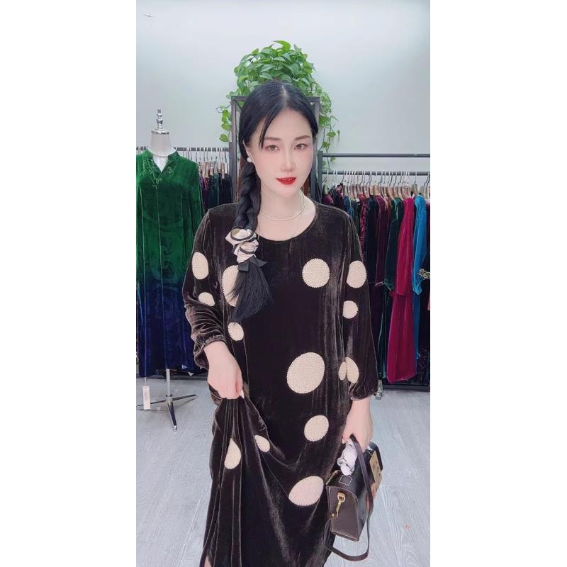 中老年桑蚕丝白色斑点连衣裙女装时尚