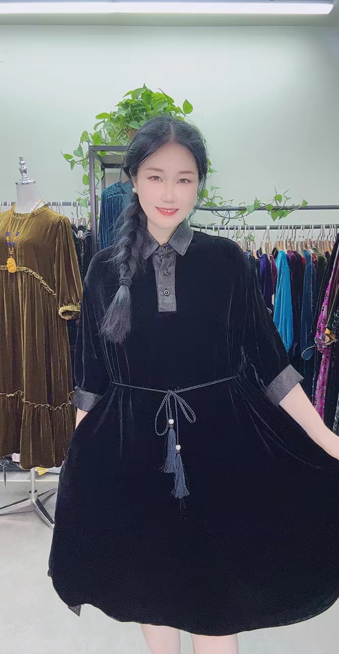 中老年桑蚕丝翻领系绳七分袖连衣裙大码女装