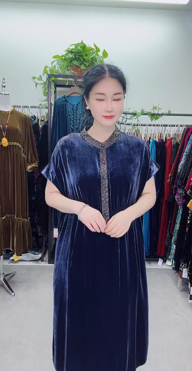 中老年桑蚕丝单件蓝色连衣裙女装时尚