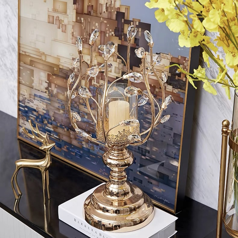 欧式高档水晶餐桌送人摆件烛台烛光晚餐镀金装饰金边金色中古
