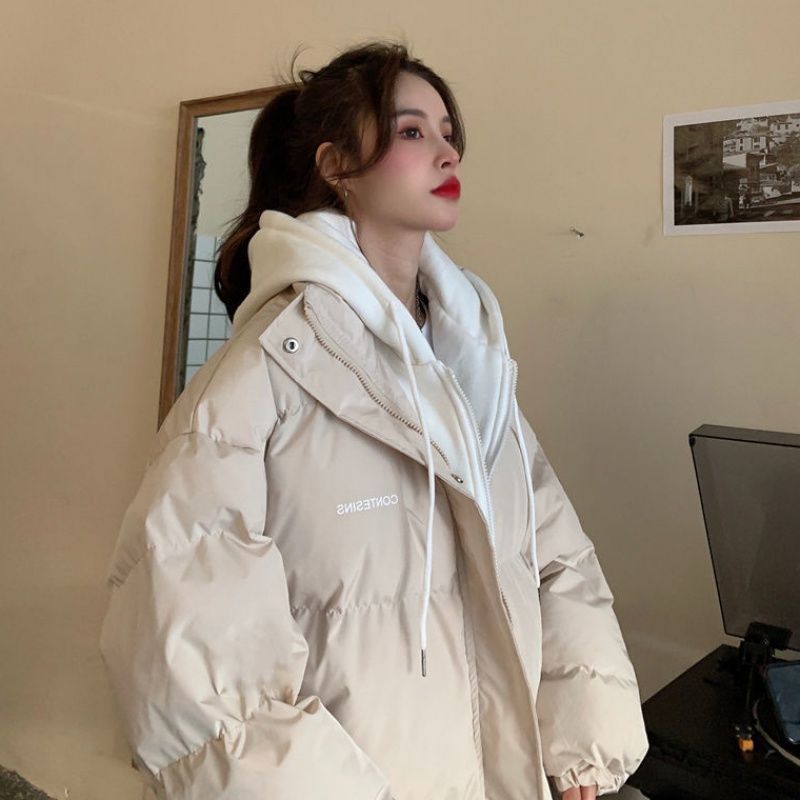 韩版学生新款羽绒服女2023冬季宽松加厚休闲连帽假两件棉衣外套