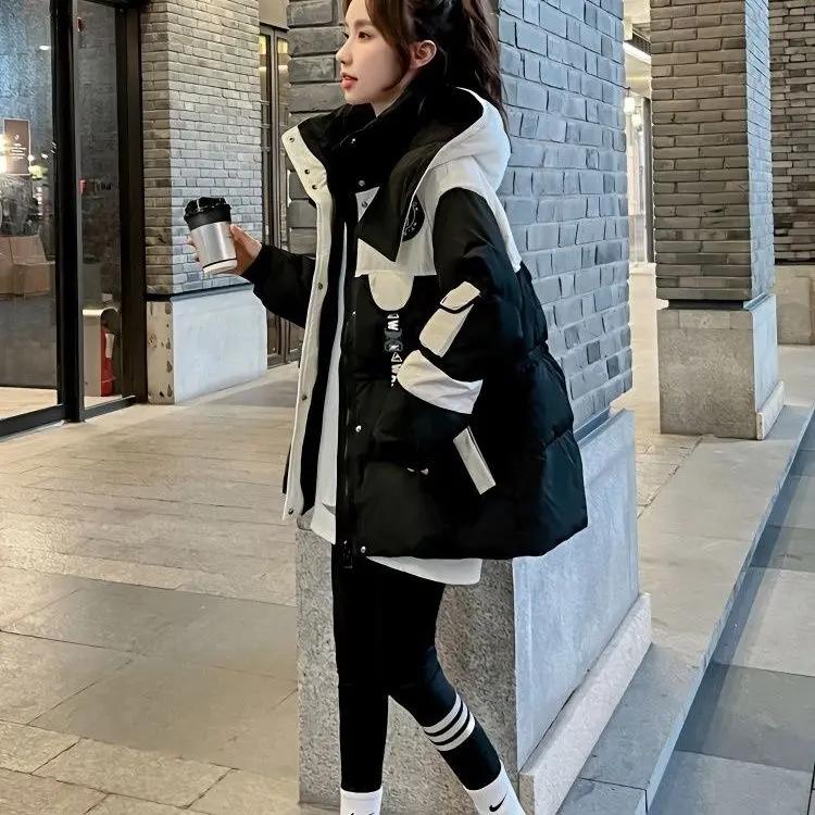 黑色中长款派克羽绒羽绒服女2023冬季新款小个子宽松显瘦连帽棉衣