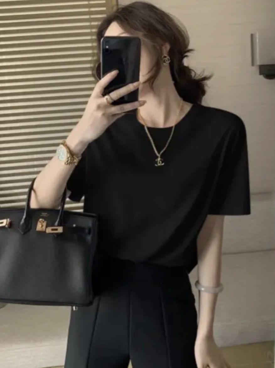 【短袖】新款女装港味小众短款长袖上衣圆领百搭显瘦ins正肩女t恤