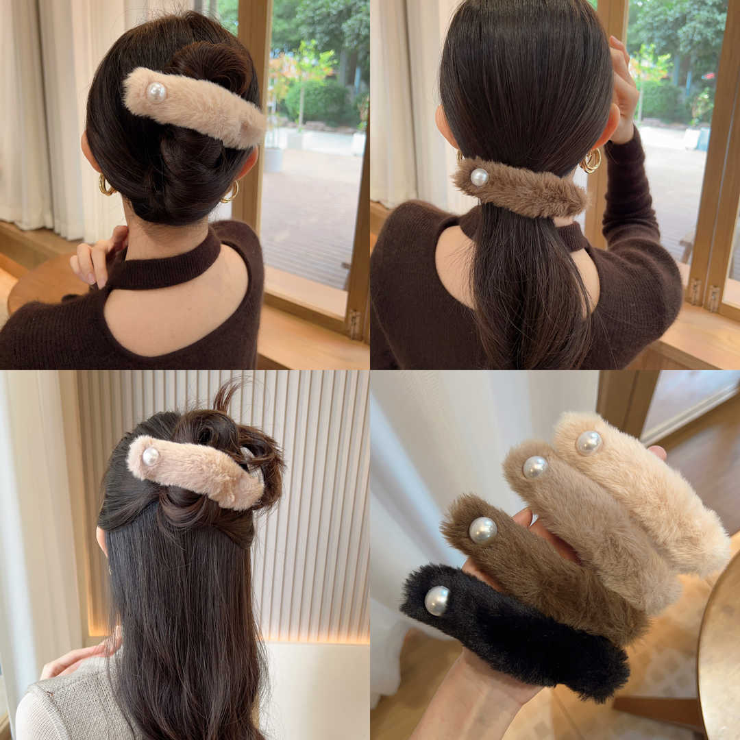 2023毛绒珠珠发夹后脑勺夹子头饰女秋冬鸭嘴夹百搭发饰气质法式韩