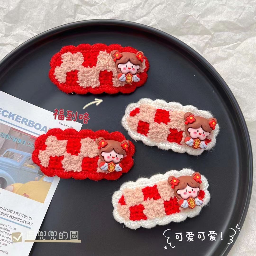 红色毛绒发夹女侧边刘海碎发夹子头饰儿童新年可爱夹喜庆发卡编织