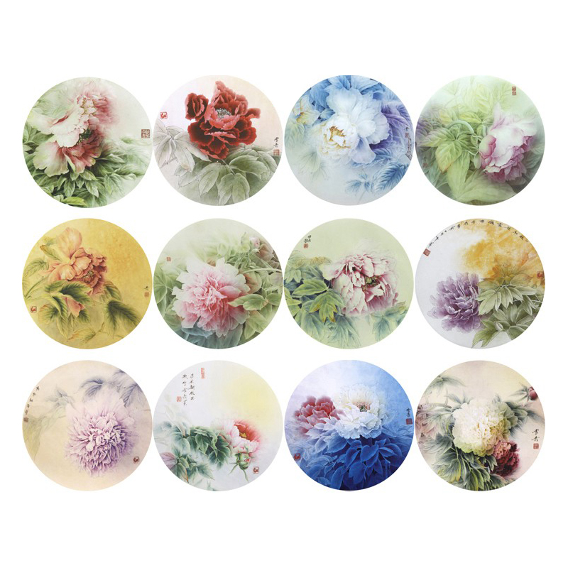 龚雪青工笔画牡丹白描底稿国画花鸟团扇12幅线描稿实物打印稿L313